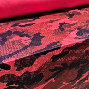 Stretch spandex crepe jersey fabric, per metre - newspaper headlines & camouflage print - pink