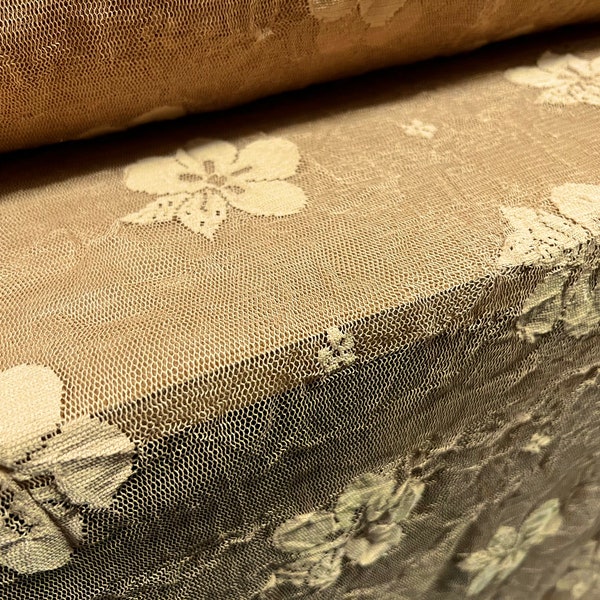 Sheer mesh lace fabric with scalloped selvedge, per metre - large flower design - old gold