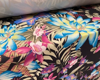 Single jersey one way stretch printed fabric, per metre - exotic flower print - black