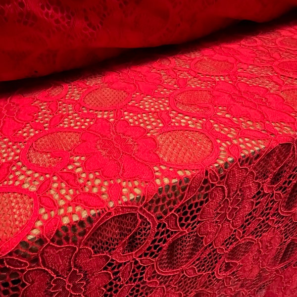 Stretch spandex corded lace fabric, per metre - flower design - scalloped selvedge - bright red