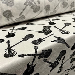 Cotton single jersey fabric, per metre - electric guitars print - white & black