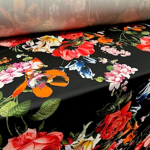 Scuba crepe fabric stretch spandex jersey, per metre - black with multicoloured floral bouquet print