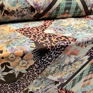 Power mesh net stretch spandex fabric, per metre - leopardskin & flowers print