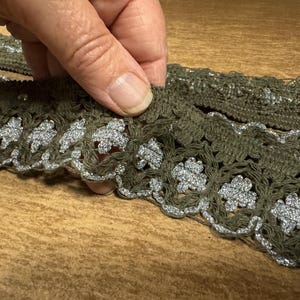 Metallic crochet lace edging trim fabric with scallop, per metre - khaki with silver lurex