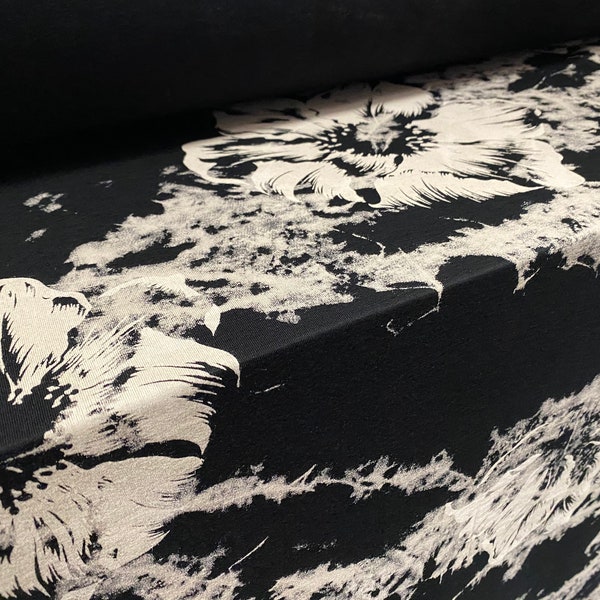 Viscose Elastane stretch jersey fabric, per metre - black with stone flowers and tie dye print