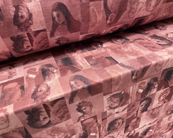 Slub single jersey printed fabric, per metre - classical portraits print - dark pink