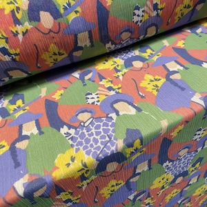 May include: A fabric with a repeating pattern of stylized figures in shades of blue, green, yellow, and red. The figures are wearing hats and appear to be standing in a field of flowers.