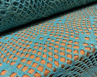 Metallic  crochet knitwear jersey fabric, per metre - turquoise with gold lurex