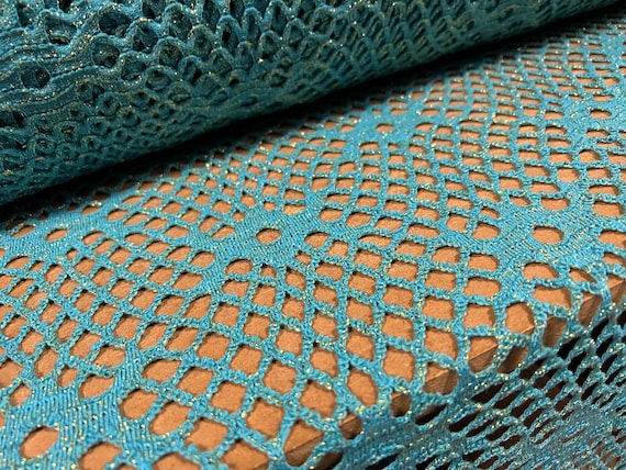 Metallic  crochet knitwear jersey fabric, per metre - turquoise with gold lurex