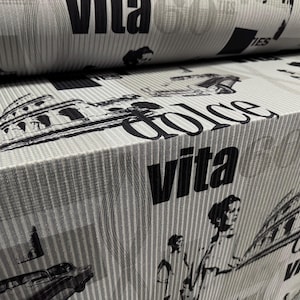 Stretch spandex rib jersey fabric, per metre - 60s retro Dolce Vita print - grey