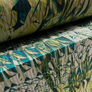 Recycled Spandex rib stretch jersey fabric, per metre - kaleidoscope print - green grey
