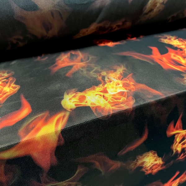 Power mesh net stretch fabric, per metre - flames print - black & orange