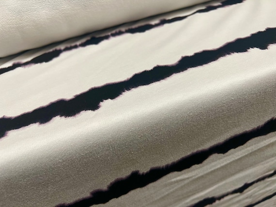 French Terry cotton loopback jersey fabric, per metre - smudge stripe print - ivory & black