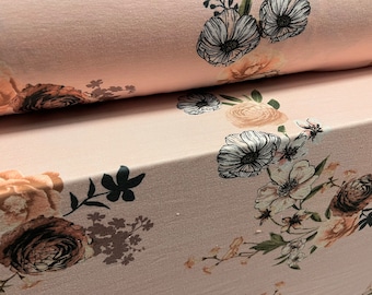 Zachte stretch spandex jersey stof, per meter - roze bloemenprint - lichtroze