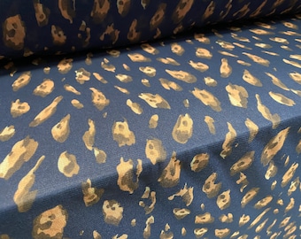 Tessuto a rete elasticizzato Helenca, trasparente, al metro - stampa leopardata effetto invecchiato - blu navy e pesca
