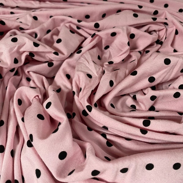 Viscose Elastane spandex stretch jersey fabric, per metre - pink with black polka dot print