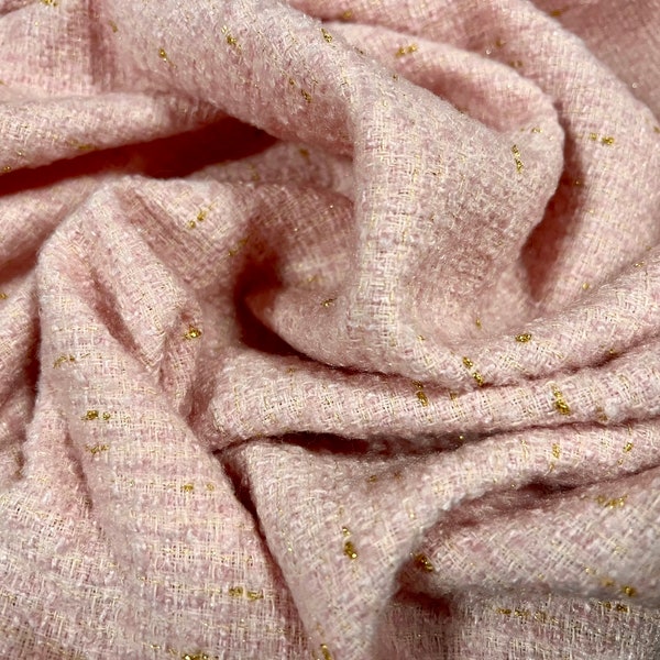 Wool blend heavyweight bouclé coat jacket fabric with lurex sparkle, per metre - pink & gold