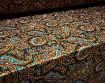 Stretch spandex crepe single jersey fabric - paisley print - brown & sky blue