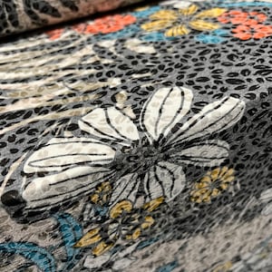 Lady K lightweight burnout single jersey fabric, per metre - jungle flower print - ecru & Grey
