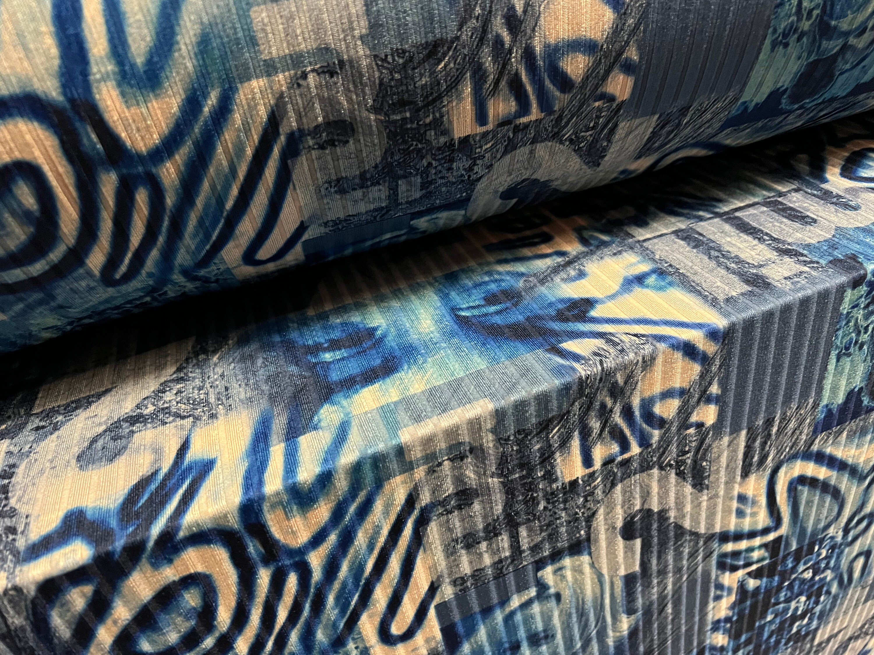 per metre Stone & blue Spandex stretch rib jersey fabric festival graffiti print