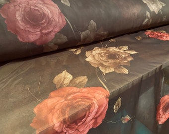 Tessuto in chiffon leggero per abiti, al metro - stampa a rose - marrone e rosa