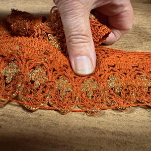 Metallic crochet lace edging trim fabric with scallop, per metre - terracotta with gold lurex