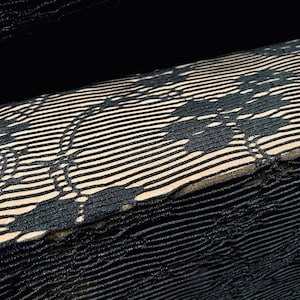 May include: Black sheer fabric with a floral pattern. The fabric has a textured, ribbed look.