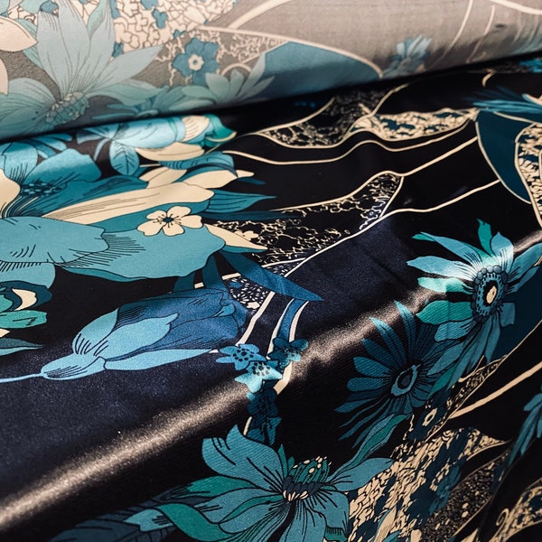 Silky Stretch satin dress fabric, per metre - Floral print - black & teal