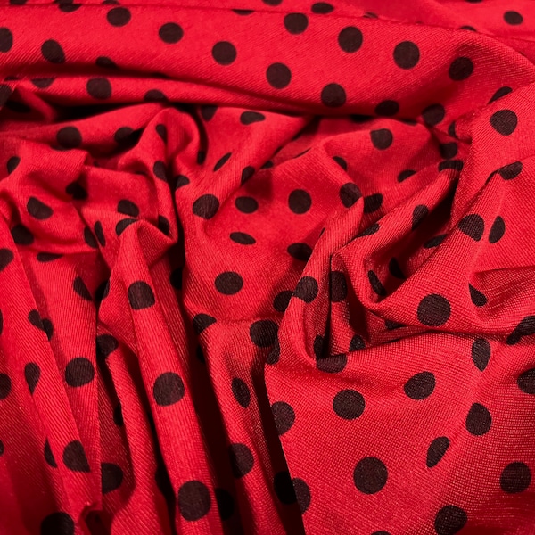 Tissu jersey simple spandex extensible finement texturé, par mètre - imprimé coccinelle - tache rouge et noire