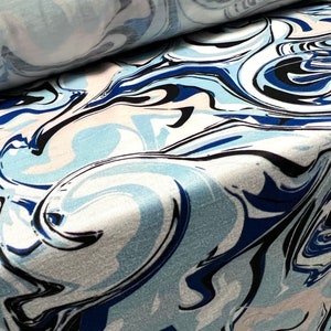 Soft handle single jersey fabric, per metre - swirl print - blue