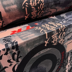 Valentino crepe spandex jersey fabric - similar to scuba - per metre - Japanese symbols beautiful girl print - dusky pink