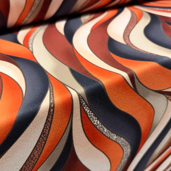 Scuba stretch spandex double jersey fashion fabric, per metre - wavy swirl print - cream terracotta & rust