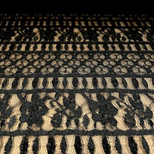 Pu&ograve; includere: Tessuto di pizzo nero con un motivo geometrico. Il pizzo &egrave; delicato e intricato, con una variet&agrave; di forme e dimensioni diverse.