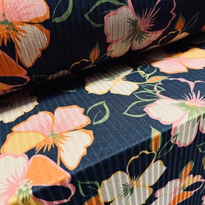 Recycled Spandex rib stretch jersey fabric, per metre - pansy flower print - navy blue