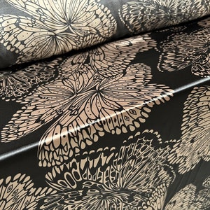 Silky Stretch charmeuse satin dress fabric, per metre - large flower print - bronze & black
