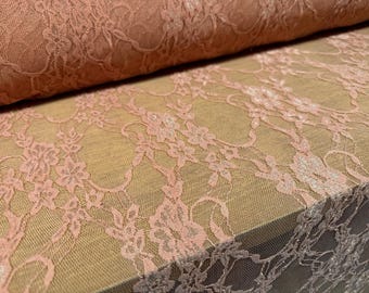 Stretch spandex mesh lace fabric, per metre - floral pattern - dusky pink