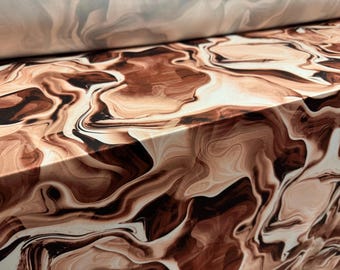 Soft touch stretch spandex jersey fabric, per metre - marbled print - brown & cream