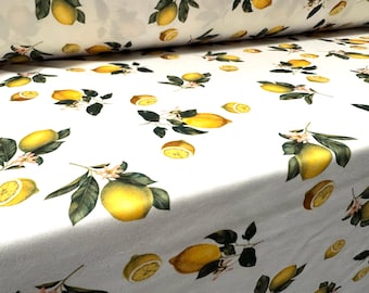 Scuba stretch spandex double jersey fashion fabric, per metre - lemons print - yellow & white