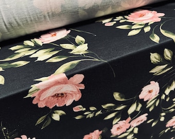 Zachte single jersey stof, per meter - rozen bloemen print - zwart & roze