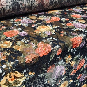 Printed stretch lace dress fabric, per metre - black floral print