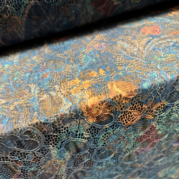 Stretch lace fabric with scalloped selvedge, per metre - paisley rose print - petrol blue & amber