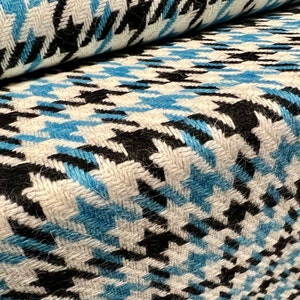 Wool bouclé heavyweight coat jacket fabric, per metre - houndstooth jacquard - turquoise black & white