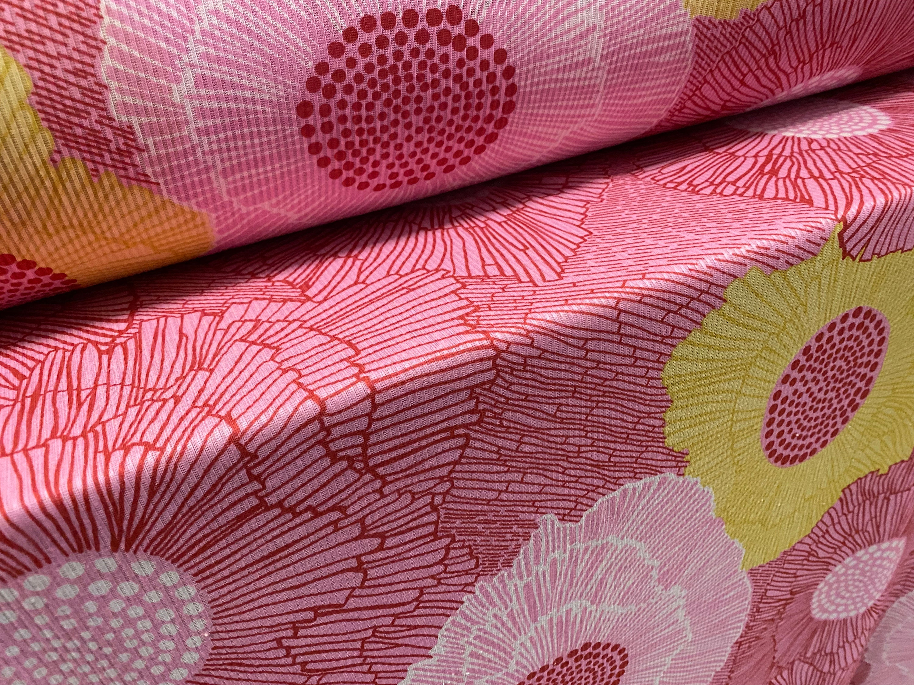 Soft Touch Rib Jersey Knit Fabric, per Metre Pink & Yellow Flower Print -   UK