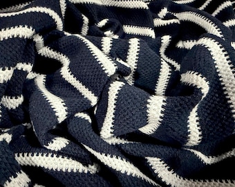 Knitwear jersey fashion fabric, per metre - serrated stripe - dark navy & white