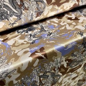 Silky Stretch charmeuse satin dress fabric, per metre - camouflage dragon print - green & blue
