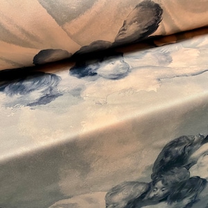 Scuba spandex neoprene style stretch jersey fabric, per metre - angels cherubs print - peach & grey