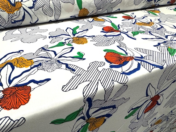 Chirimen woven crepe dress fabric, per metre - lily  flower print - white