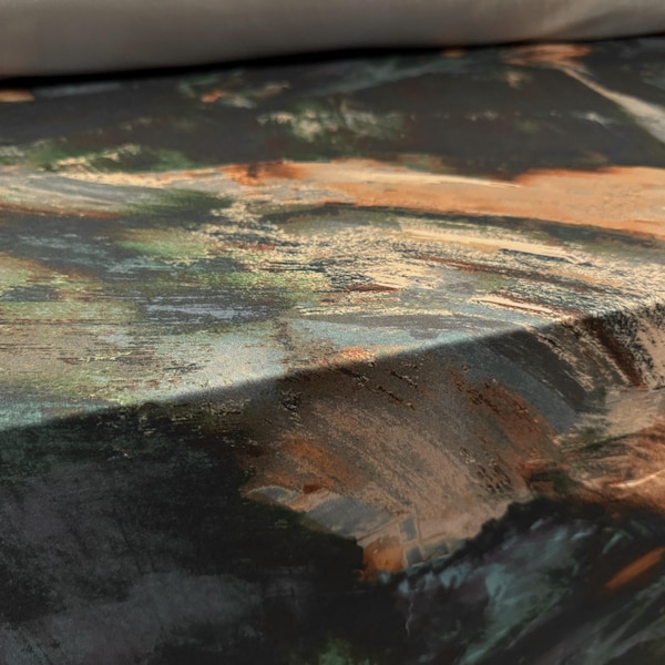 ITY stretch spandex jersey fabric, per metre - brushstrokes print - teal cream & petrol