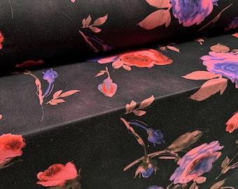 French Terry loopback sweatshirt jersey fabric, per metre - rose flowers print - black & bright pink