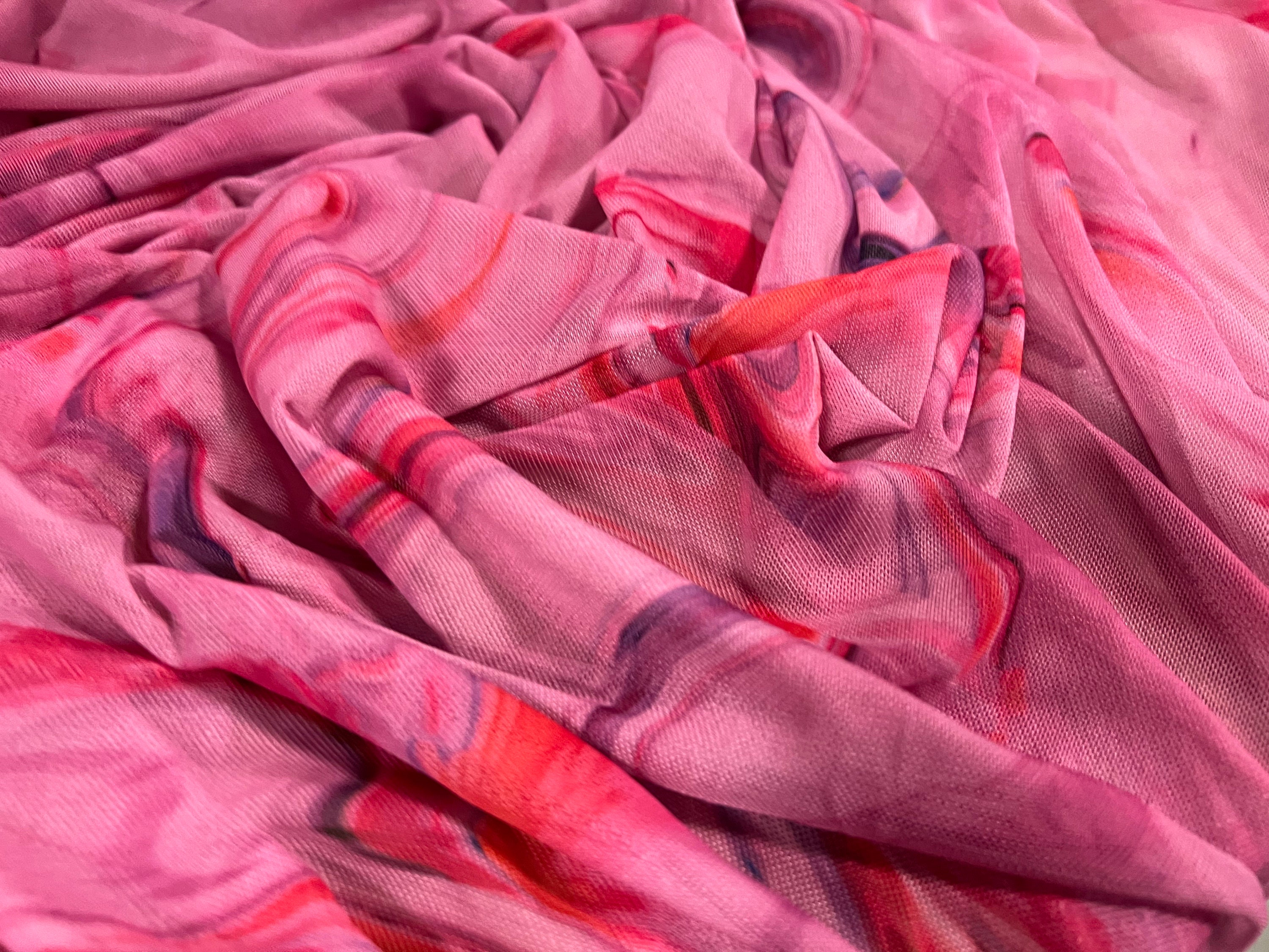 Power mesh net stretch fabric pink & gold per metre swirl print